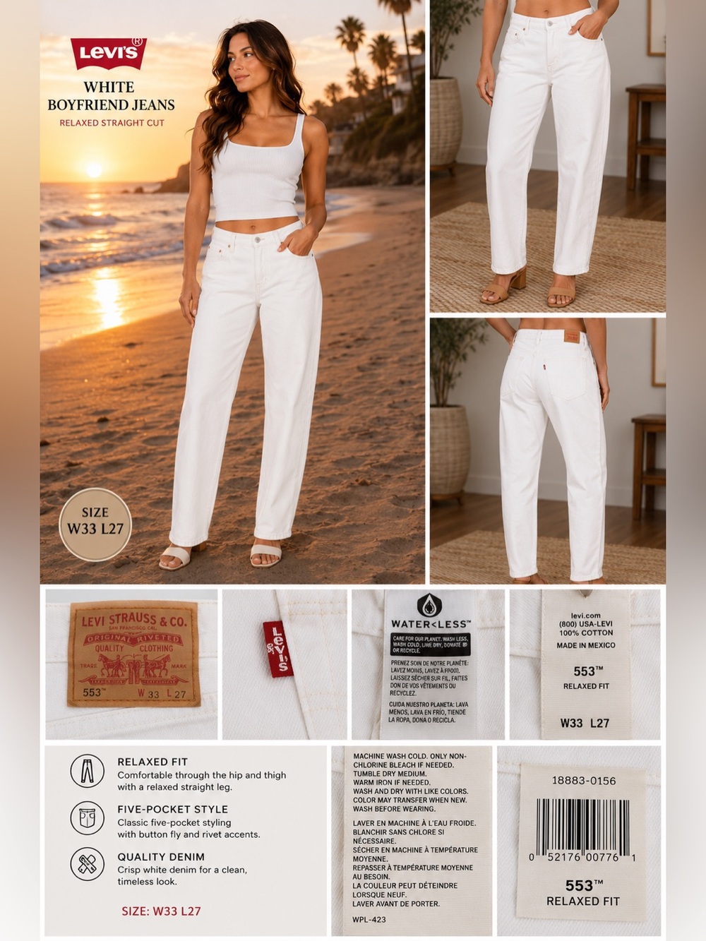 Levi's White Women's Boyfriend Jeans - Relaxed Straight Cut W33 L 27 NEW